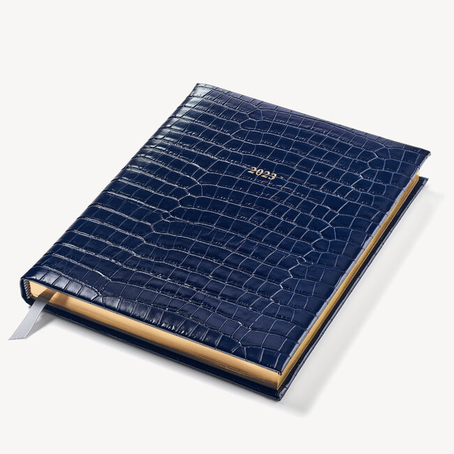 2023 A4 Day to Page Leather Diary Deep Shine Navy Small Croc