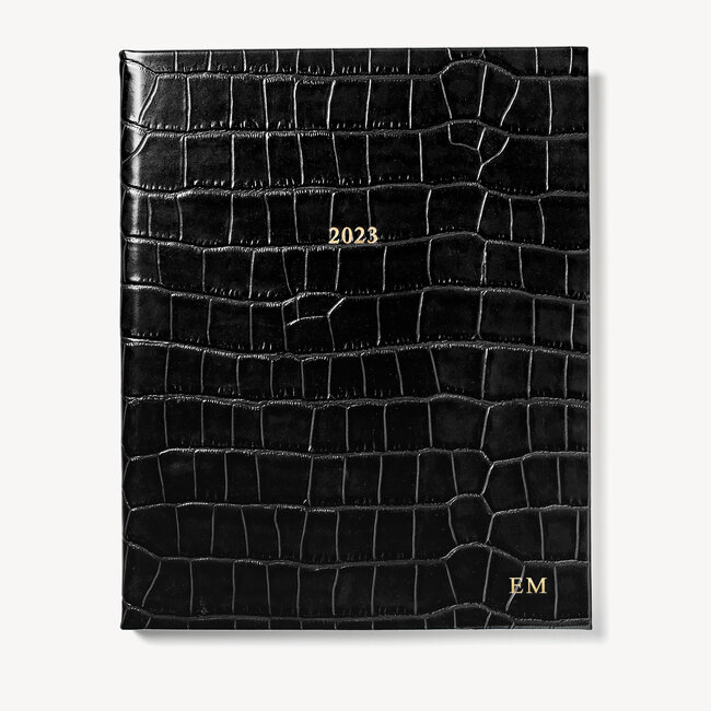 2023 A4 Week to View Leather Diary Deep Shine Black Croc
