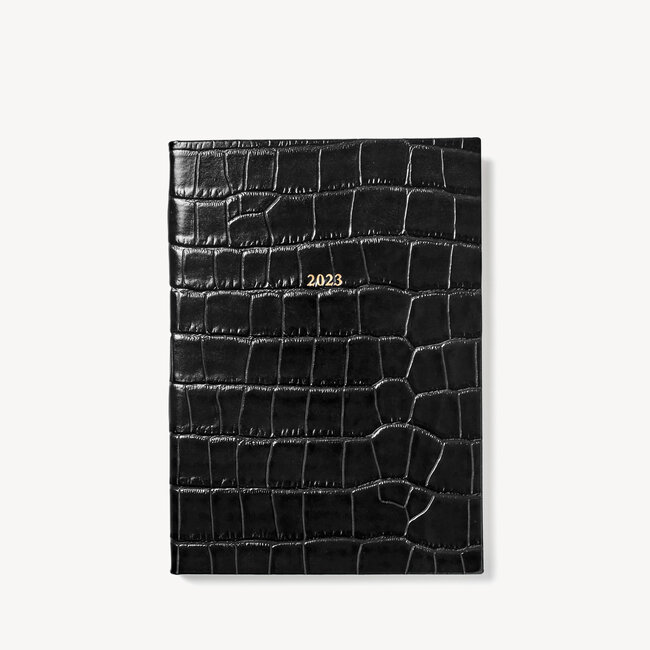 2023 A5 Week to View Leather Diary Deep Shine Black Croc