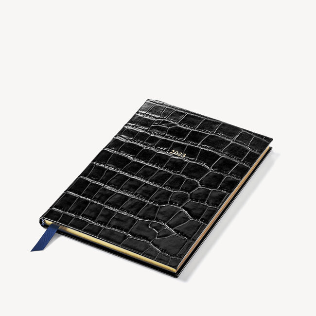 2023 A5 Week to View Leather Diary Deep Shine Black Croc