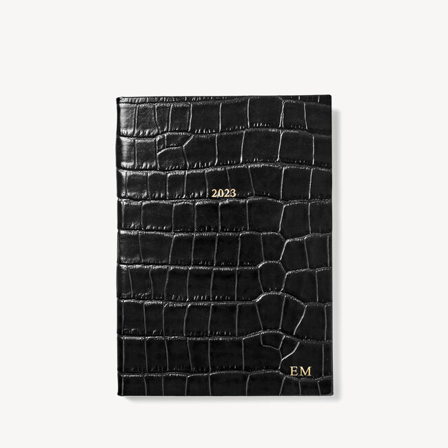 2023 A5 Week to View Leather Diary Deep Shine Black Croc