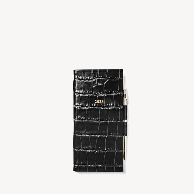 2023 Slim Pocket Leather Diary with Pen Deep Shine Black Croc
