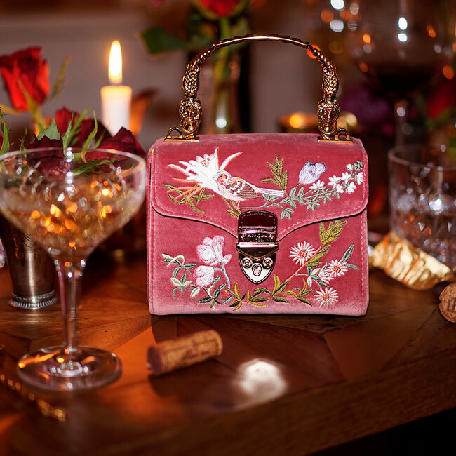 Mini Mayfair Bag English Garden Bird Hand Embroidery on Velvet