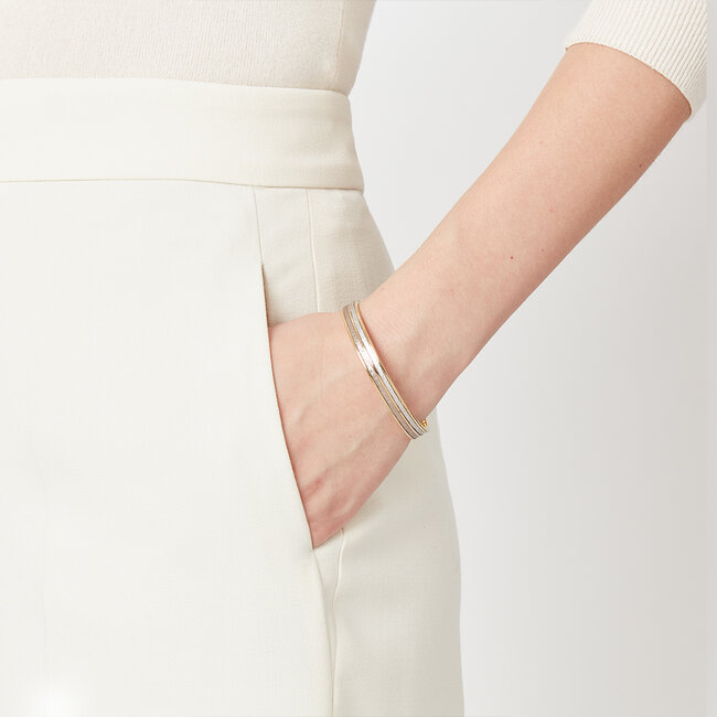 Double Striped Leather Bangle Champagne & Silver Pebble