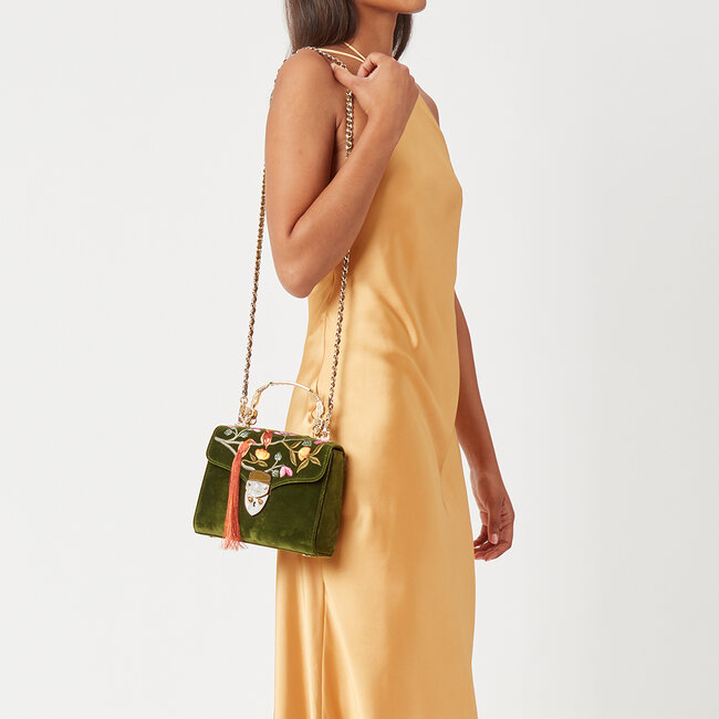 Midi Mayfair Bag Birds of Paradise Hand Embroidery on Olive Velvet