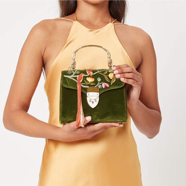 Midi Mayfair Bag Birds of Paradise Hand Embroidery on Olive Velvet