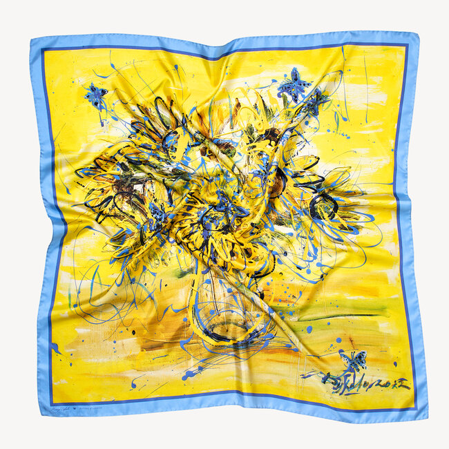 Sunflowers & Butterflies Silk Scarf Yellow & Blue Pure Silk