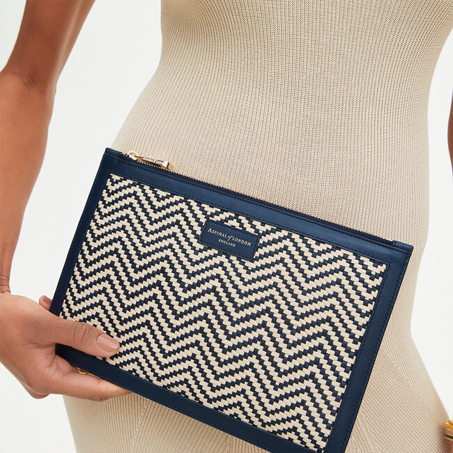 Large Essential Flat Pouch Navy & Ivory Chevron Woven Leather
