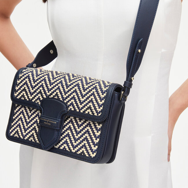 Navy & Ivory Woven Leather Resort Bag Aspinal of London