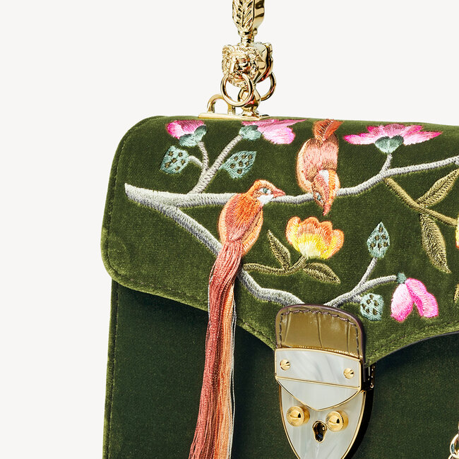 Midi Mayfair Bag Birds of Paradise Hand Embroidery on Olive Velvet