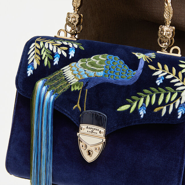 Midi Mayfair Bag Peacock Hand Embroidery on Navy Velvet