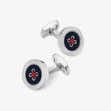 Engraved Edge Button Cufflinks Navy Enamel & Sterling Silver 925