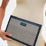 Large Essential Flat Pouch Navy & Ivory Chevron Woven Leather