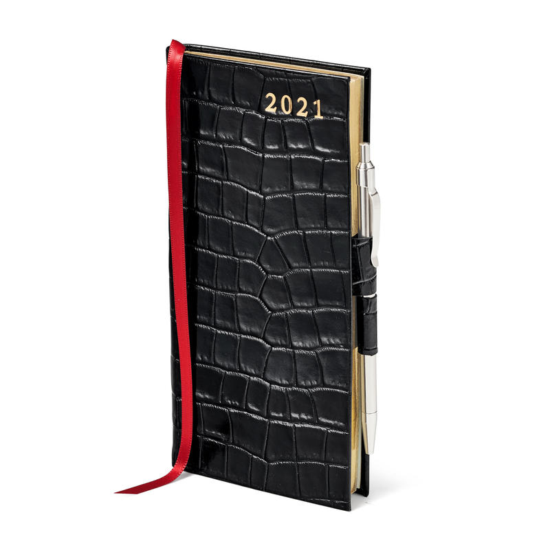 Slim Pocket Leather Diary with Pen in Deep Shine Black Small Croc Slim Pocket Leather Diary with Pen in Deep Shine Black Small Croc
