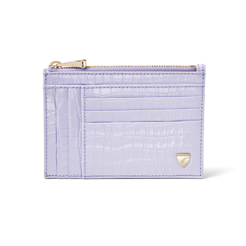 Double Sided Zipped Card & Coin Holder in Deep Shine English Lavender Small Croc Double Sided Zipped Card & Coin Holder in Deep Shine English Lavender Small Croc