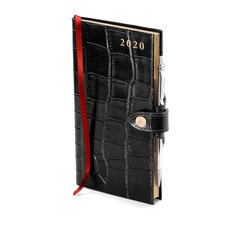 Slim Pocket Leather Diary with Pen in Deep Shine Black Croc