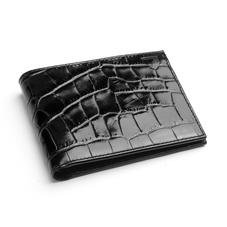 8 Card Billfold Wallet in Deep Shine Black Croc & Cobalt Suede