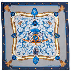 Aspinal Signature Shield Silk Scarf in Silvery Grey & Navy