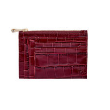 Double Sided Zipped Card & Coin Holder in Deep Shine Bordeaux Croc