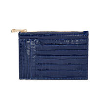 Double Sided Zipped Card & Coin Holder in Deep Shine Midnight Blue Small Croc