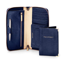 Zipped Travel Wallet with Passport Cover in Midnight Blue Lizard & Cream Suede
