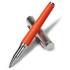 Sterling Silver & Leather Rollerball Pen in Bright Orange Saffiano