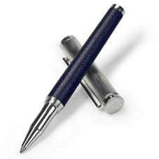 Sterling Silver & Leather Rollerball Pen in Navy Saffiano