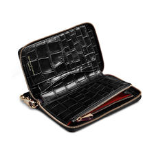 Midi Continental Wallet with Wrist Strap in Deep Shine Black Croc