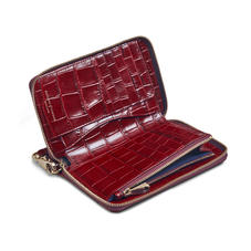 Midi Continental Wallet with Wrist Strap in Deep Shine Bordeaux Croc
