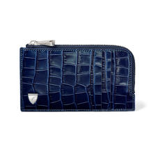 Zipped Card Wallet in Deep Shine Navy Small Croc