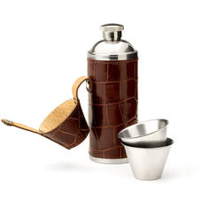 Hunter 8oz Leather Hip Flask in Deep Shine Amazon Brown Croc & Stone Suede