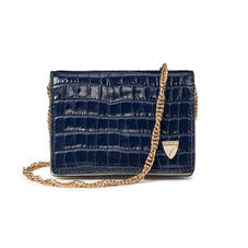 Accordion Card Case with Chain in Deep Shine Midnight Blue Small Croc & Smooth Ivory