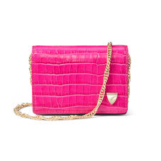 Accordion Card Case with Chain in Deep Shine Penelope Pink Small Croc & Smooth Evergreen
