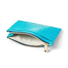 Double Sided Zipped Card & Coin Holder in Deep Shine Aqua Small Croc