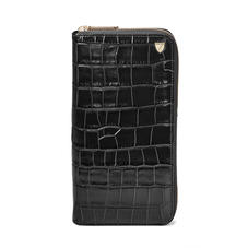 Zipped Travel Wallet in Deep Shine Black Croc & Red Suede