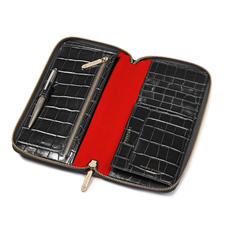 Zipped Travel Wallet in Deep Shine Black Croc & Red Suede
