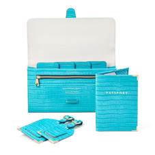 Travel Collection with Removable Inserts in Deep Shine Aqua Small Croc