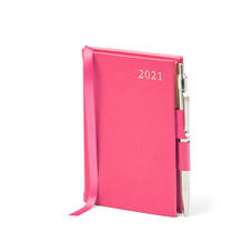 Mini Pocket Leather Diary with Pen in Bright Pink Saffiano