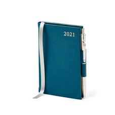 Mini Pocket Leather Diary with Pen in Pewter Blue Saffiano