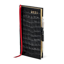 Slim Pocket Leather Diary with Pen in Deep Shine Black Small Croc