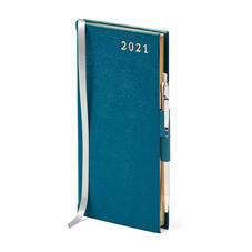 Slim Pocket Leather Diary with Pen in Pewter Blue Saffiano