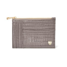 Double Sided Zipped Card & Coin Holder in Deep Shine Warm Grey Small Croc