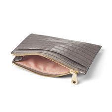 Double Sided Zipped Card & Coin Holder in Deep Shine Warm Grey Small Croc