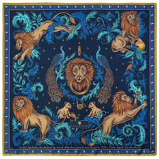Lion & Peacock Silk Scarf in Teal & Navy