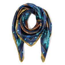 Lion & Peacock Silk Scarf in Teal & Navy