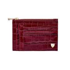 Double Sided Zipped Card & Coin Holder in Deep Shine Bordeaux Croc