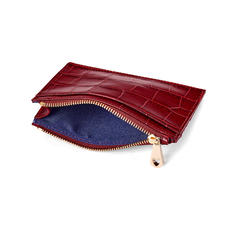 Double Sided Zipped Card & Coin Holder in Deep Shine Bordeaux Croc