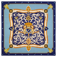 Aspinal Signature Shield Silk Scarf in Cornflower, Navy & Gold Silk Twill