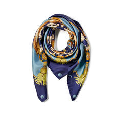 Aspinal Signature Shield Silk Scarf in Cornflower, Navy & Gold Silk Twill