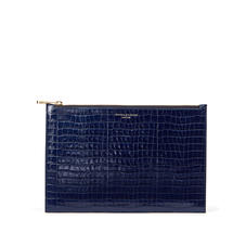 Large Essential Flat Pouch in Deep Shine Midnight Blue Small Croc